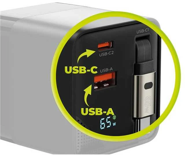 Įkroviklis Mobile Origin 65W GaN Ekranas Charger PW2 - USB-C Cable + USB-C + USB-A