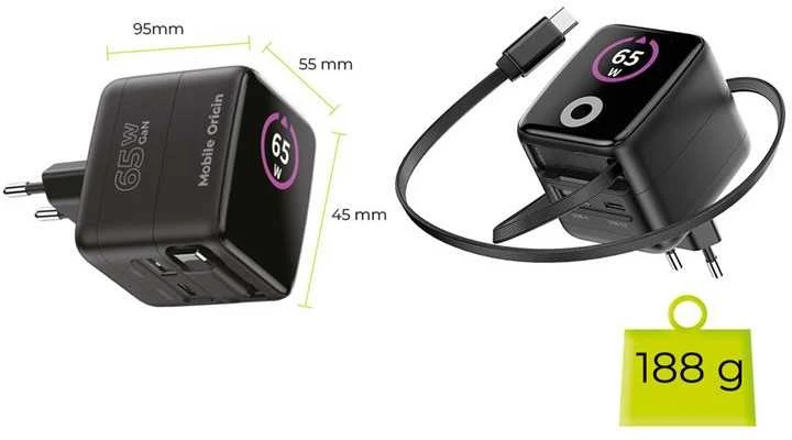 Įkroviklis Mobile Origin 65W GaN Ekranas Charger PW3 - USB-C Cable + USB-C + USB-A