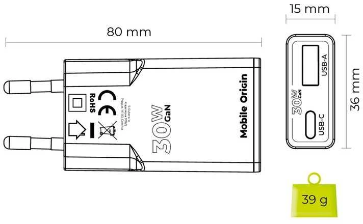 Įkroviklis Mobile Origin GaN 30W Slim Charger TÃœV MO16 - USB-A + USB-C