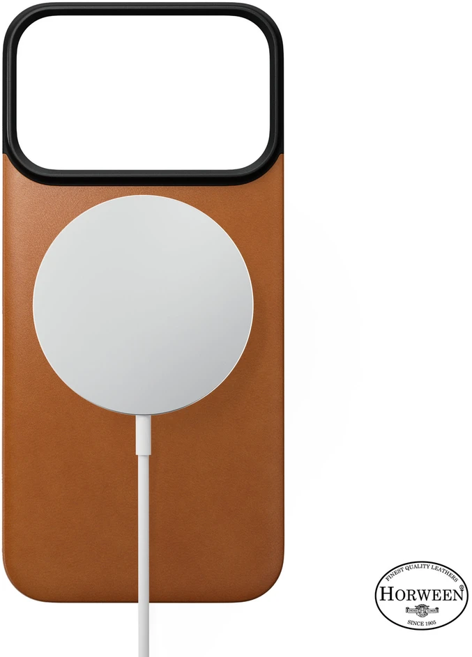 Dėklas Nomad magnetinė odinė nugarėlė, balno spalvos (Horween), MagSafe - iPhone 18 Pro/17 Pro