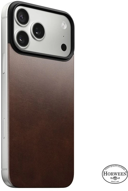 Dėklas Nomad Magnetic Leather Back, rustic rudos spalvos (Horween), Magsafe – iPhone 17 Pro