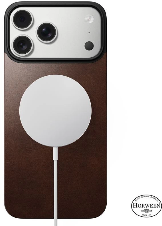 Dėklas Nomad Magnetic Leather Back, rustic rudos spalvos (Horween), Magsafe – iPhone 17 Pro