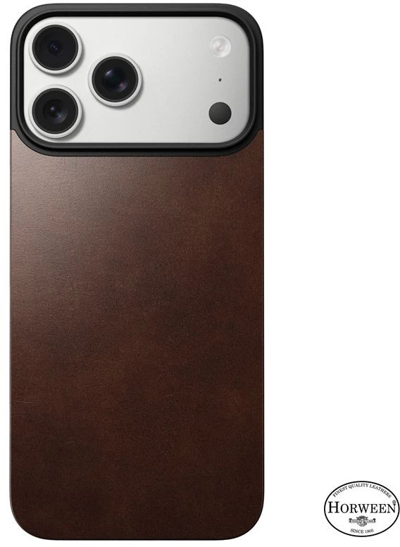 Dėklas Nomad Magnetic Leather Back, rustic rudos spalvos (Horween), Magsafe – iPhone 17 Pro