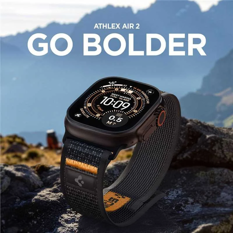 Spigen Athlex Air 2 aktyvus dirželis, juoda-oranžinė - Apple Watch 49mm/46mm/45mm/44mm
