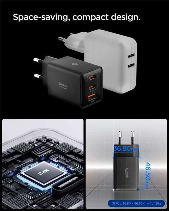Įkroviklis Spigen Essential 47W Wall Charger EE473EU, juodas