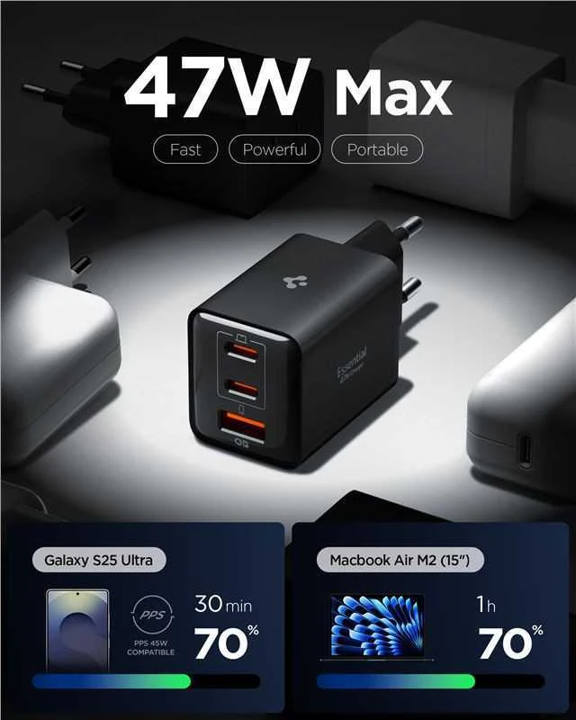 Įkroviklis Spigen Essential 47W Wall Charger EE473EU, juodas