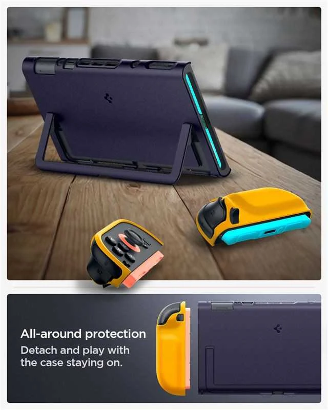 „Spigen Nano Pop“ dėklas, skirtas „Nintendo Switch 2“ – tamsiai mėlynas ir geltonas