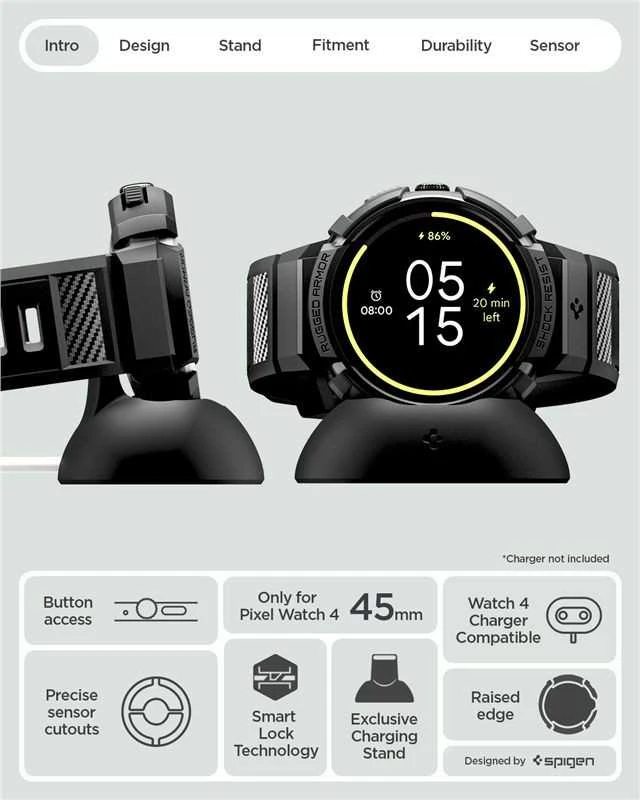 „Spigen Rugged Armor Pro + Stand“, matinis juodas - „Google Pixel Watch 4 45mm“