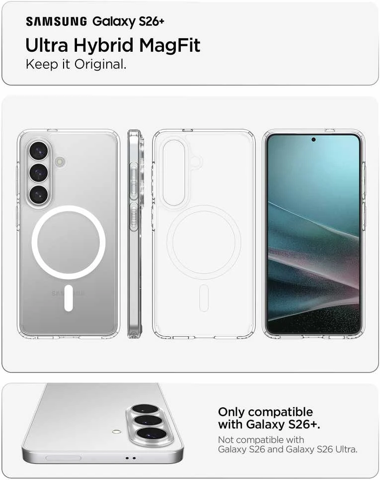 Spigen Ultra Hybrid Mag MagSafe dėklas skirtas Samsung Galaxy S26+ – skaidrus ir baltos spalvos