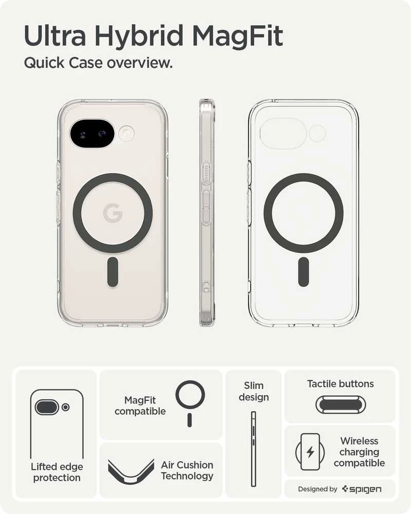 Dėklas Spigen „Ultra Hybrid MagSafe“, skaidraus grafito – „Google Pixel 10a“