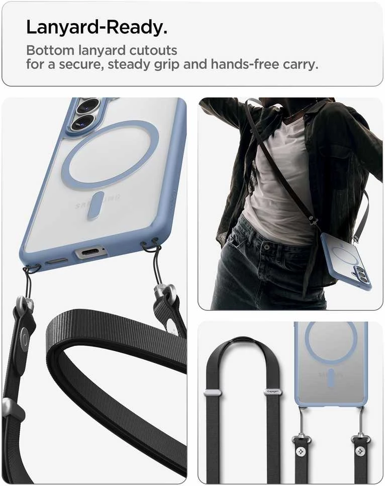 Spigen Ultra Hybrid Mag MagSafe dėklas skirtas Samsung Galaxy S26+ – skaidrus ir mėlynos spalvos