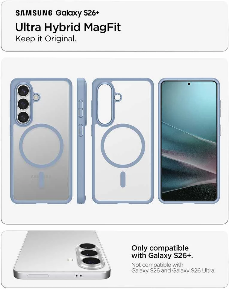 Spigen Ultra Hybrid Mag MagSafe dėklas skirtas Samsung Galaxy S26+ – skaidrus ir mėlynos spalvos