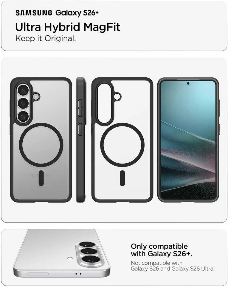 Spigen Ultra Hybrid Mag MagSafe dėklas skirtas Samsung Galaxy S26+ – skaidrus ir juodos spalvos