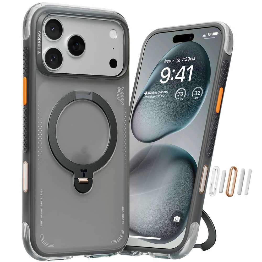 Dėklas TORRAS Ostand Spin Air - etui do iPhone 17 Pro kompatybilne su MagSafe (shadow juodas)