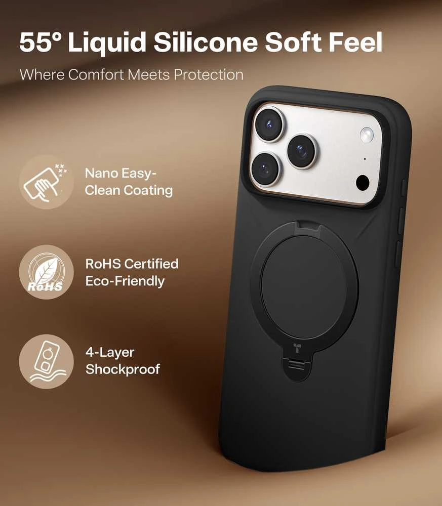 Dėklas Torras Ostand Q3 silikoninis dėklas, obsidiano juoda — iPhone 17 Pro