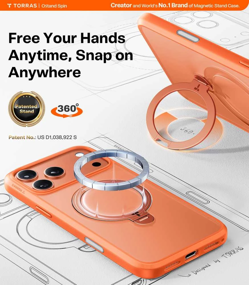 Dėklas Torras Ostand Q3 Spin, energijos oranžinė – iPhone 17 Pro