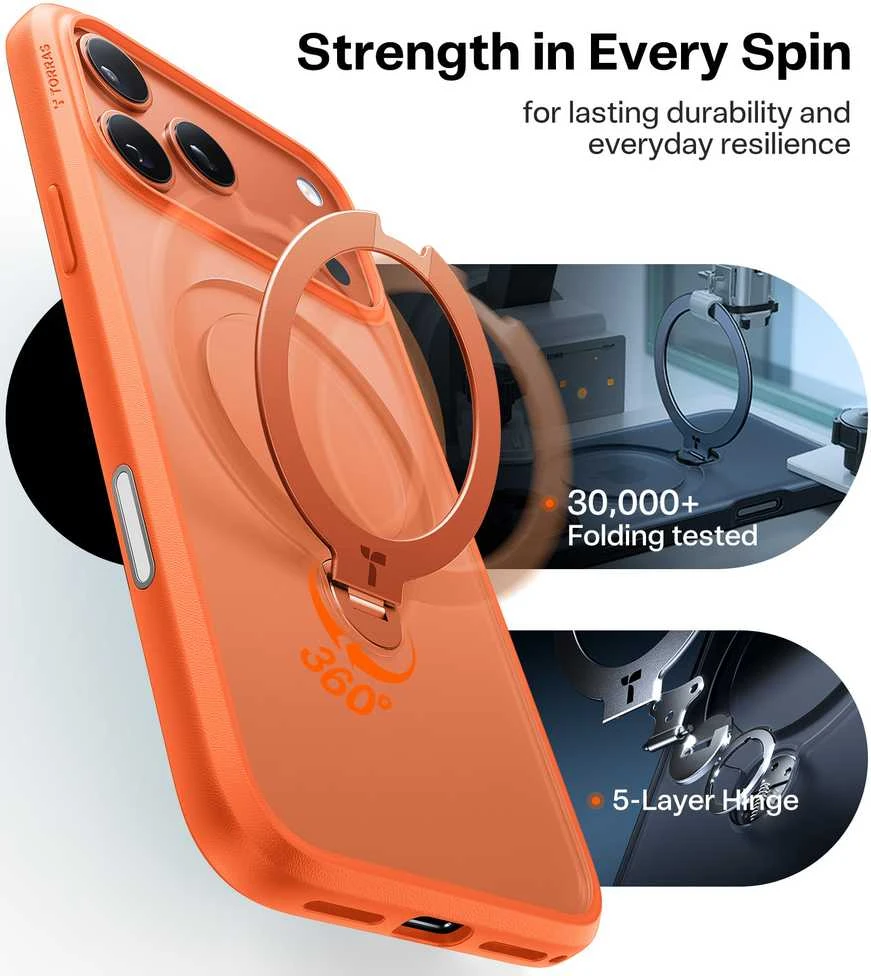 Dėklas Torras Ostand Q3 Spin, energijos oranžinė – iPhone 17 Pro