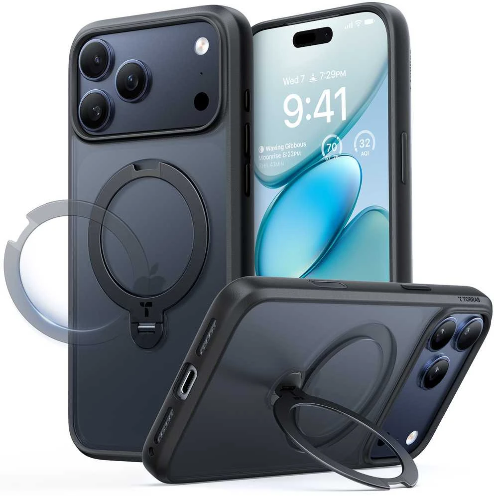Dėklas Torras Ostand Q3 Spin, juodas – iPhone 17 Pro Max