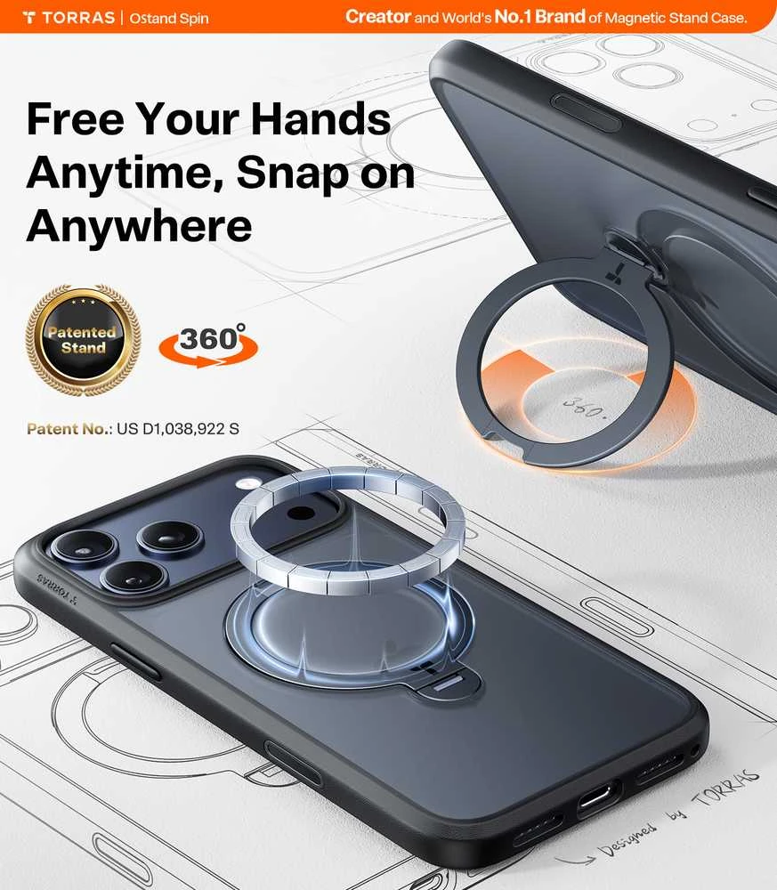 Dėklas Torras Ostand Q3 Spin, juodas – iPhone 17 Pro Max