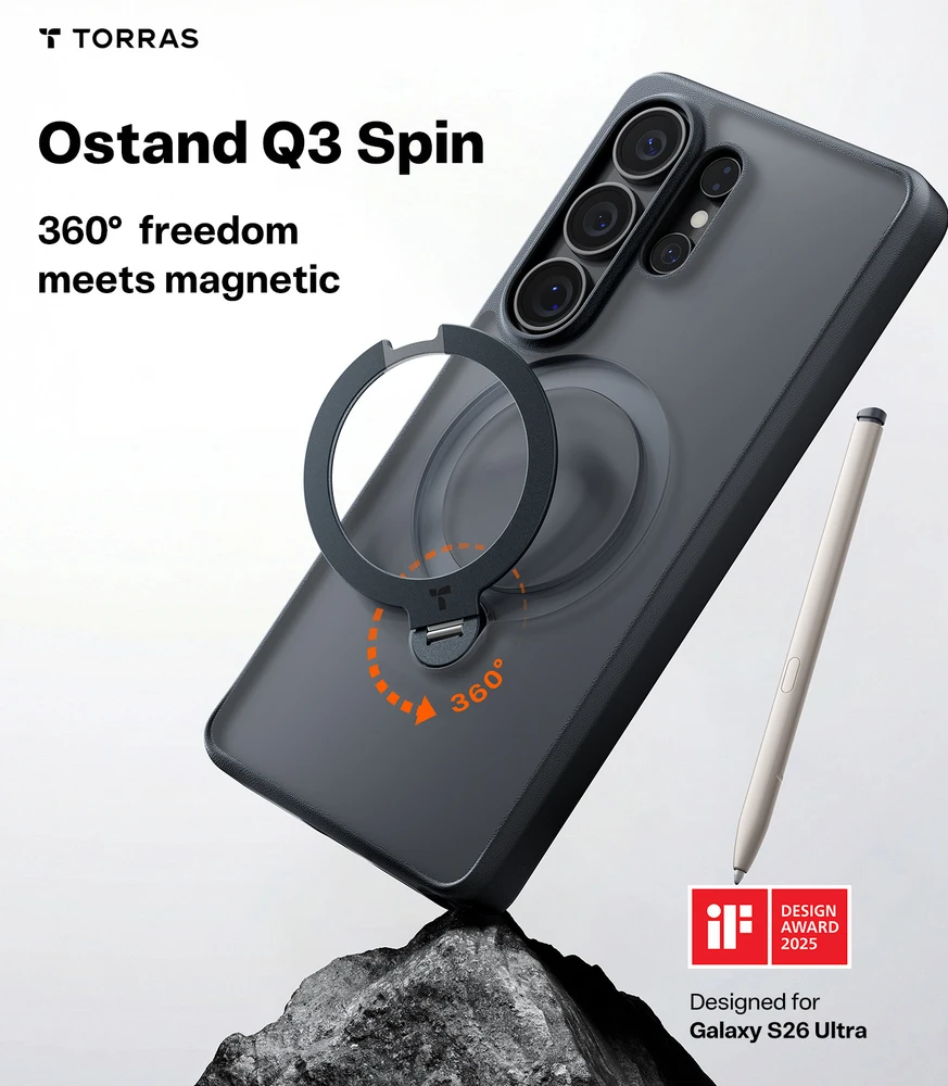 Dėklas Torras Ostand Q3 Spin, obsidian juodas – Samsung Galaxy S26 Ultra