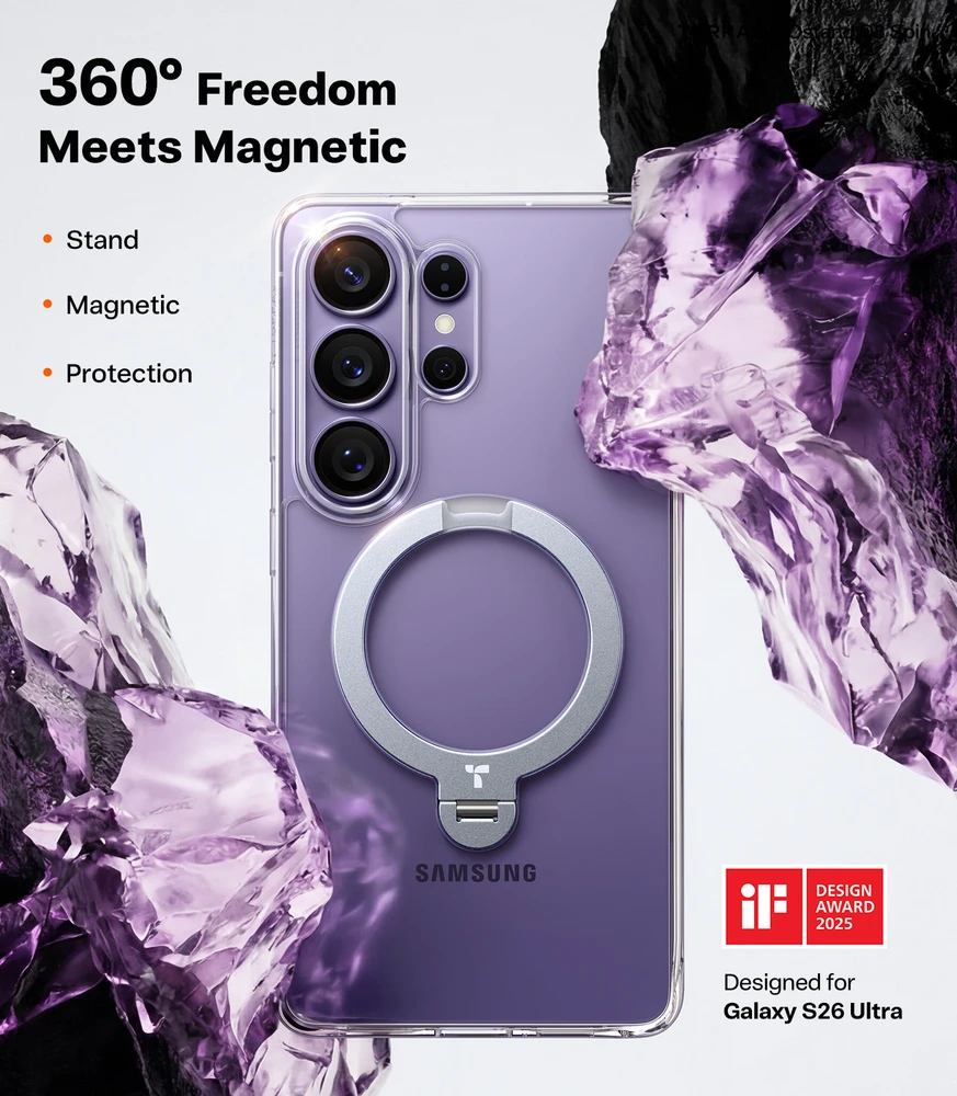 Dėklas „Torras Ostand Q3 Spin“, skaidrus – „Samsung Galaxy S26 Ultra“