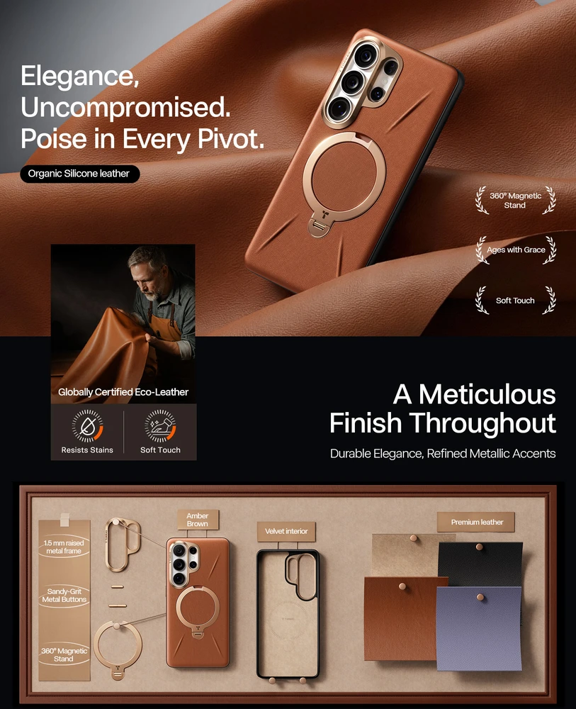 Dėklas Torras Ostand Q3 VegSkin, amber ruda – Samsung Galaxy S26 Ultra