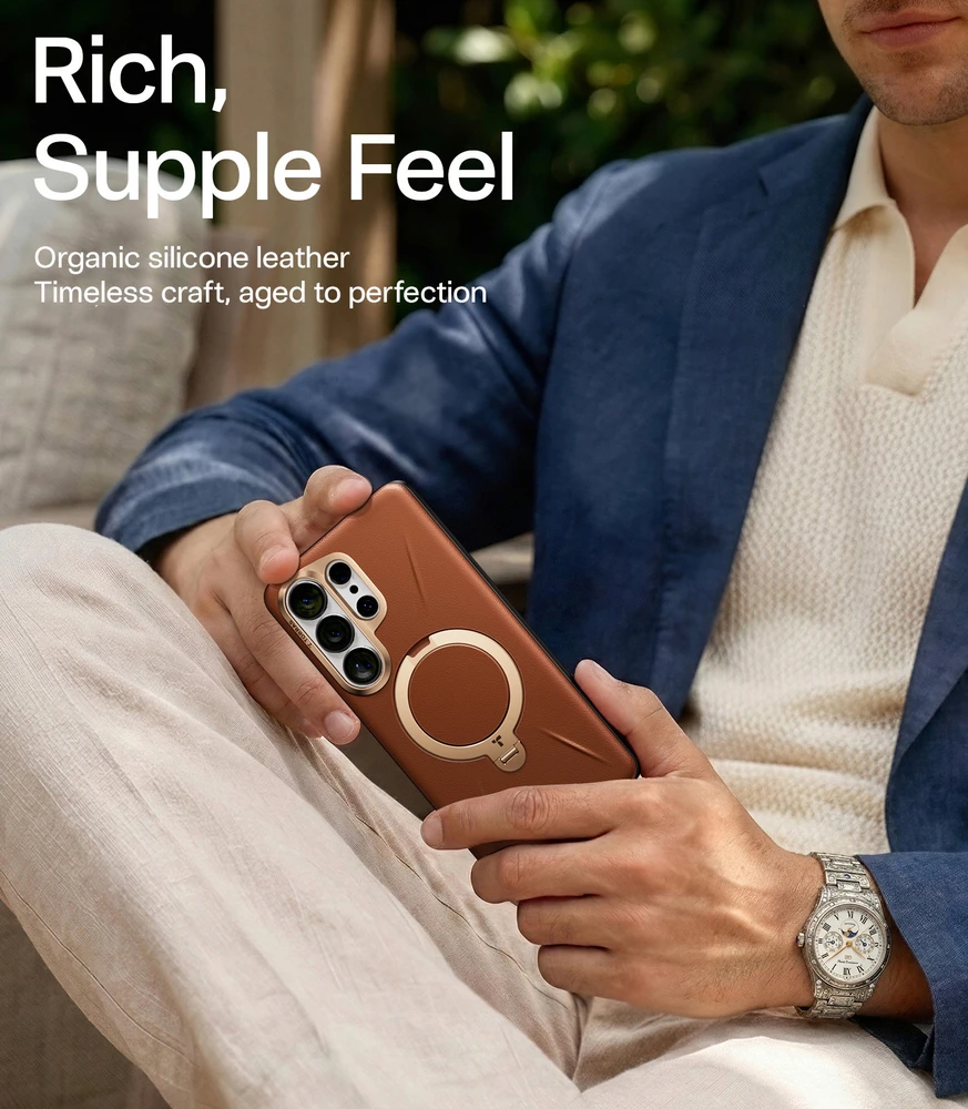 Dėklas Torras Ostand Q3 VegSkin, amber ruda – Samsung Galaxy S26 Ultra