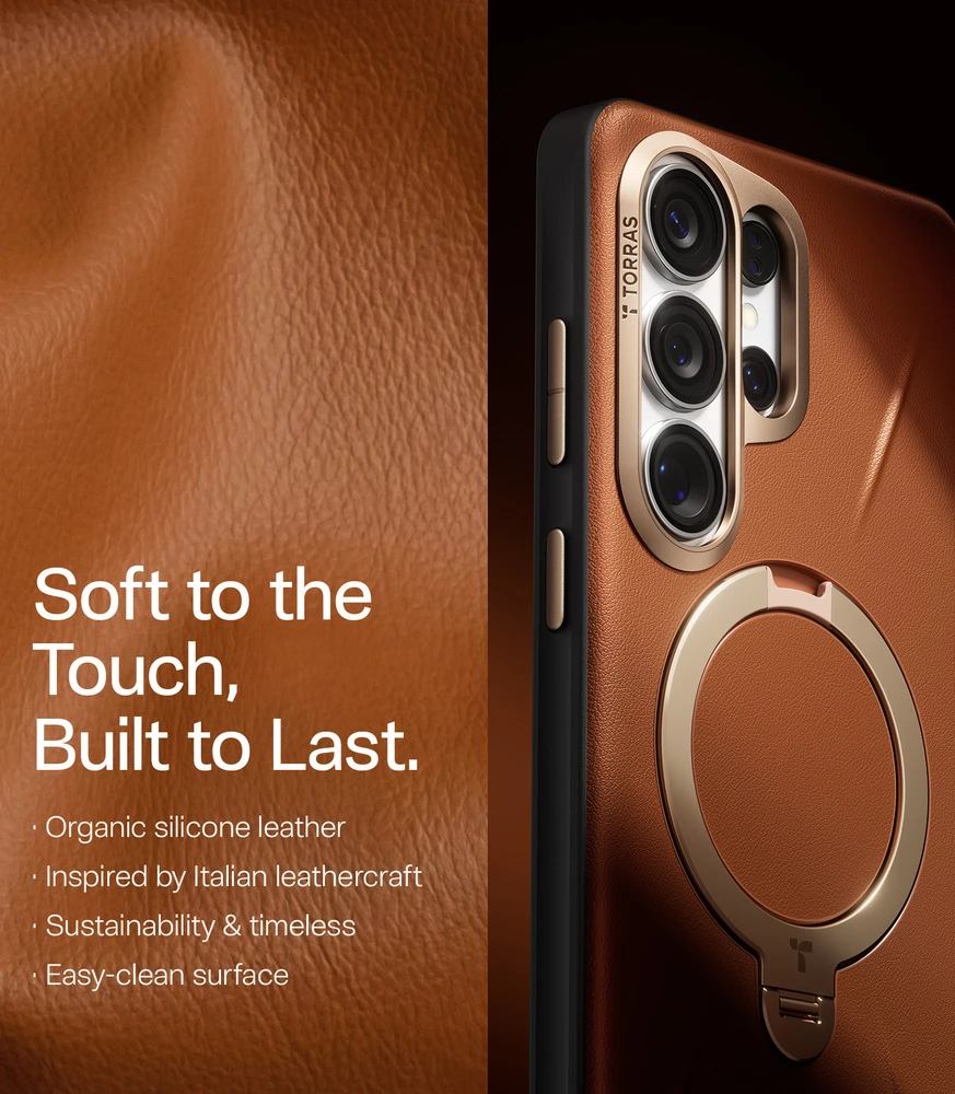 Dėklas Torras Ostand Q3 VegSkin, amber ruda – Samsung Galaxy S26 Ultra