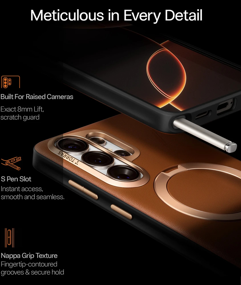 Dėklas Torras Ostand Q3 VegSkin, amber ruda – Samsung Galaxy S26 Ultra