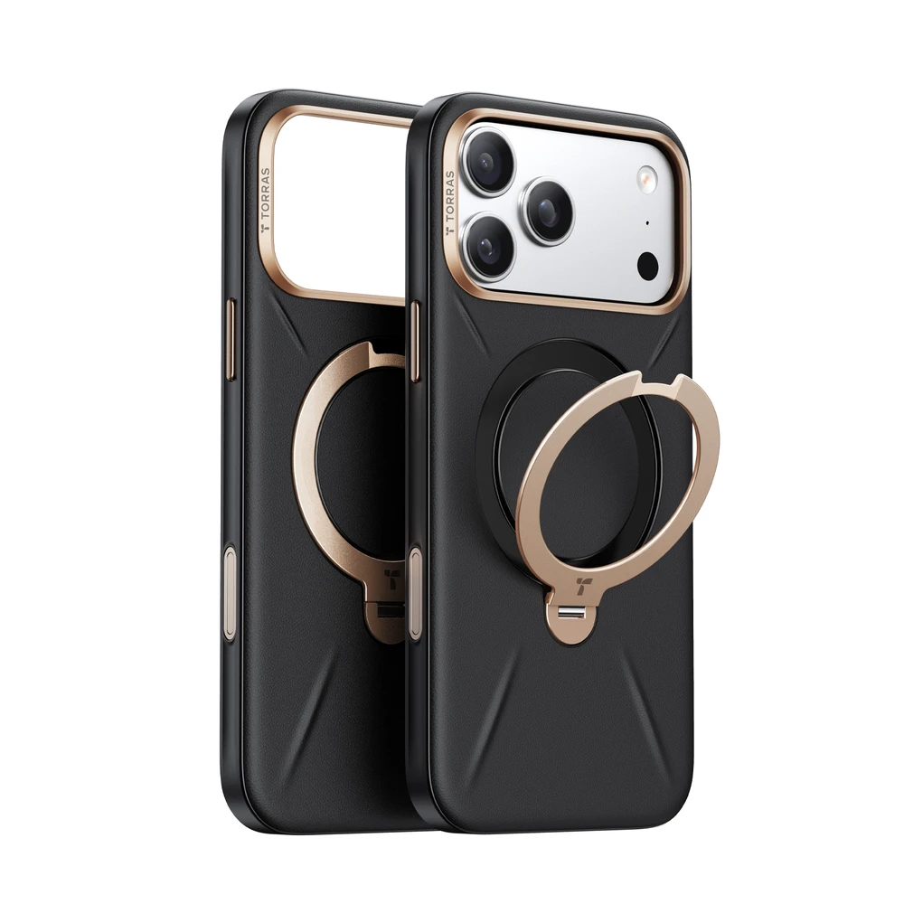 Dėklas Torras Ostand Q3 Vegskin, obsidianinė juoda — iPhone 17 Pro Max
