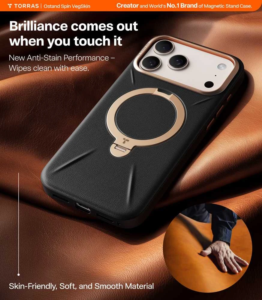 Dėklas Torras Ostand Q3 Vegskin, obsidianinė juoda — iPhone 17 Pro Max