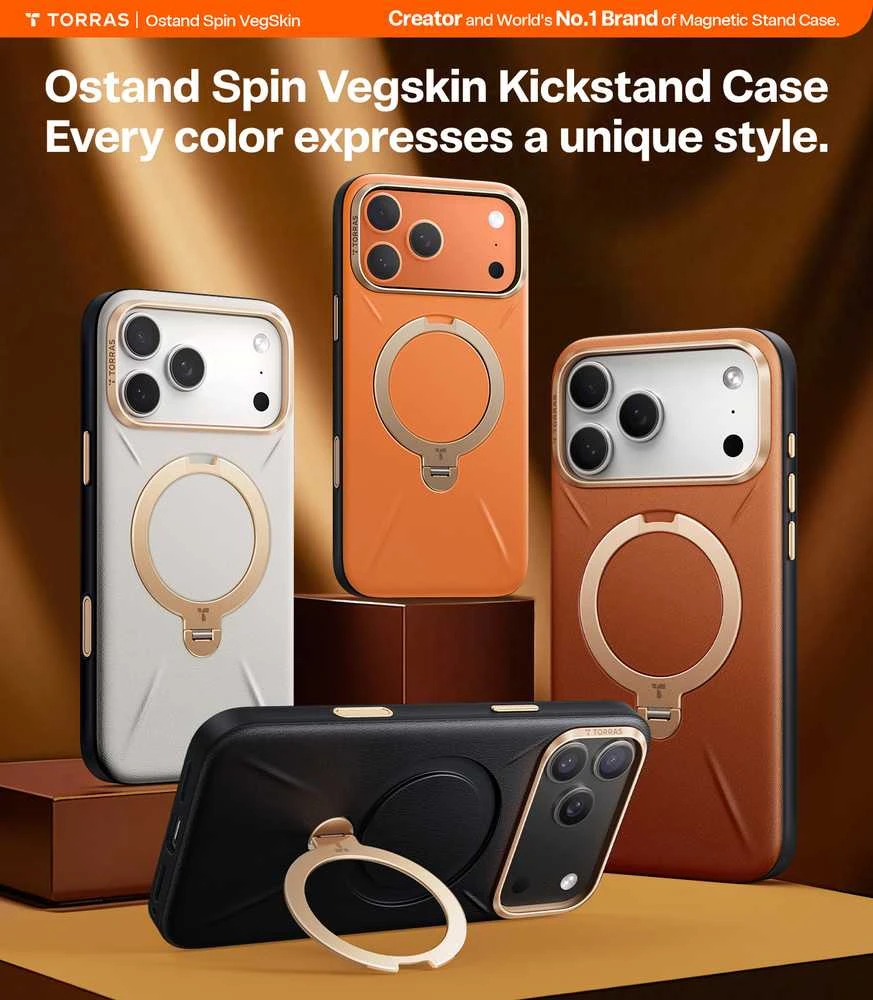 Dėklas Torras Ostand Q3 Vegskin, obsidianinė juoda — iPhone 17 Pro Max