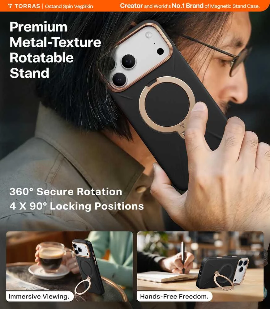 Dėklas Torras Ostand Q3 Vegskin, obsidianinė juoda — iPhone 17 Pro Max