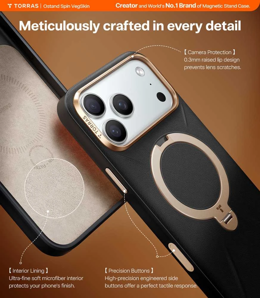 Dėklas Torras Ostand Q3 Vegskin, obsidianinė juoda — iPhone 17 Pro Max