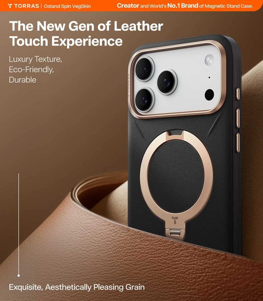 Dėklas Torras Ostand Q3 Vegskin, obsidianinė juoda — iPhone 17 Pro Max
