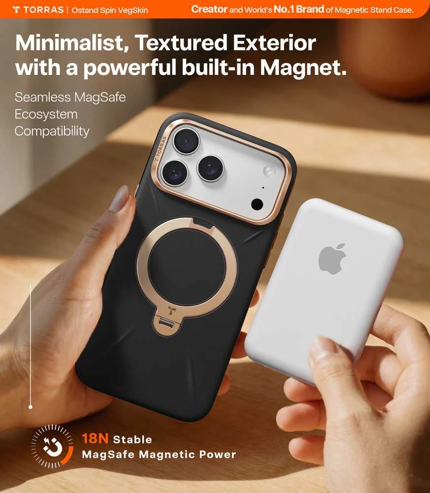 Dėklas Torras Ostand Q3 Vegskin, obsidianinė juoda — iPhone 17 Pro Max