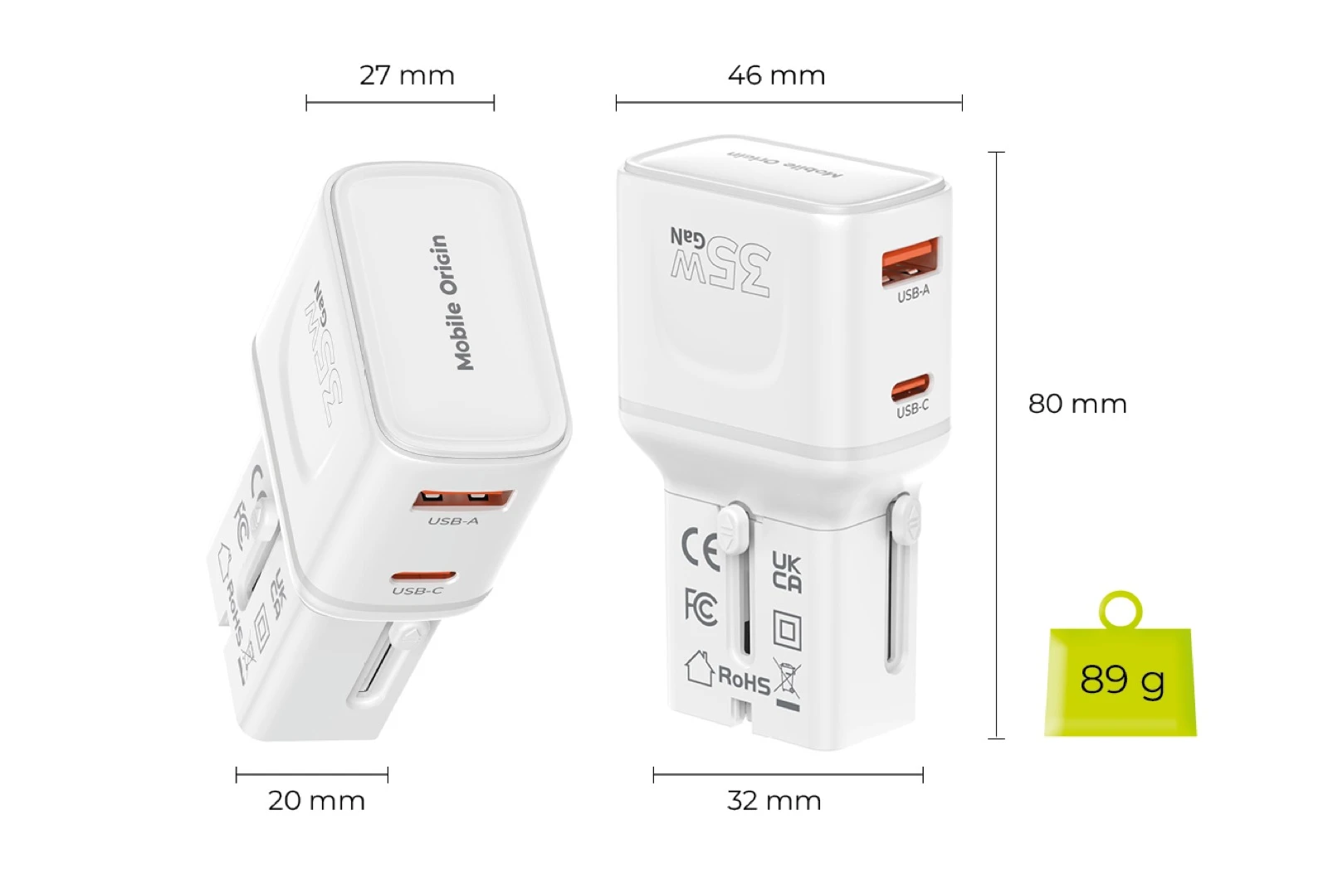 Įkroviklis Mobile Origin 35W Travel Adapteris, EU/US/UK/AU PW25, baltas aprašymas - Prekės nuotrauka
