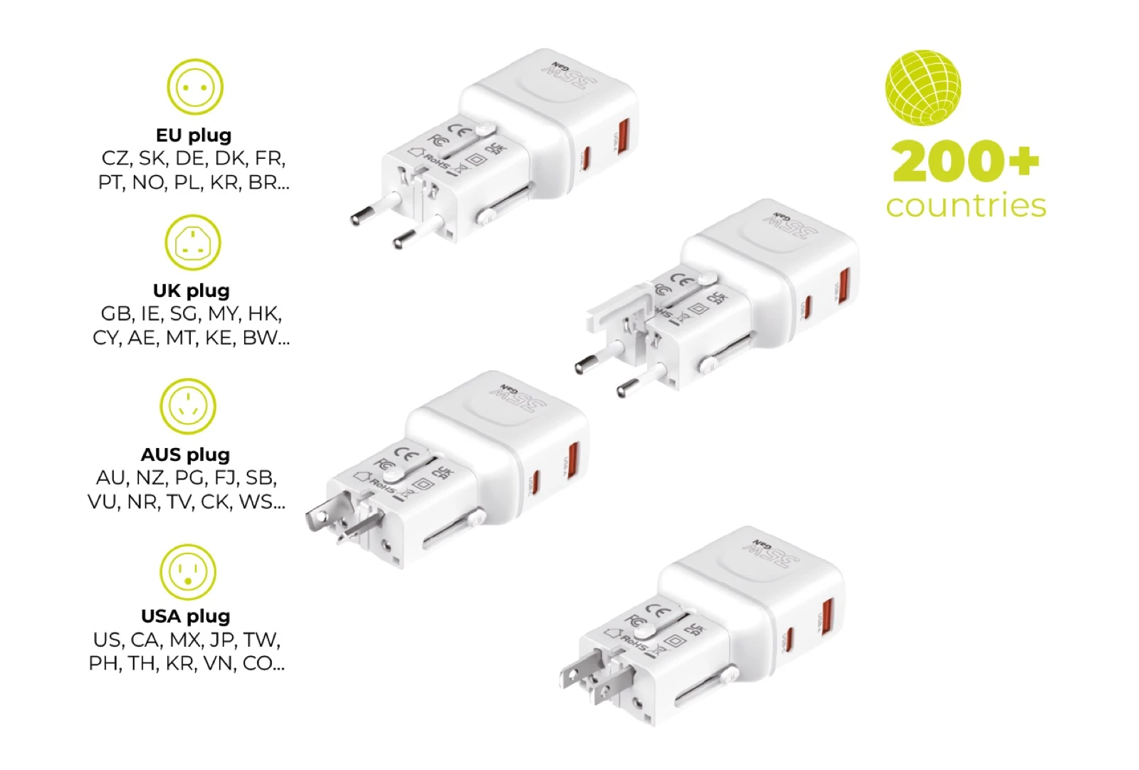 Įkroviklis Mobile Origin 35W Travel Adapteris, EU/US/UK/AU PW25, baltas aprašymas - Prekės nuotrauka