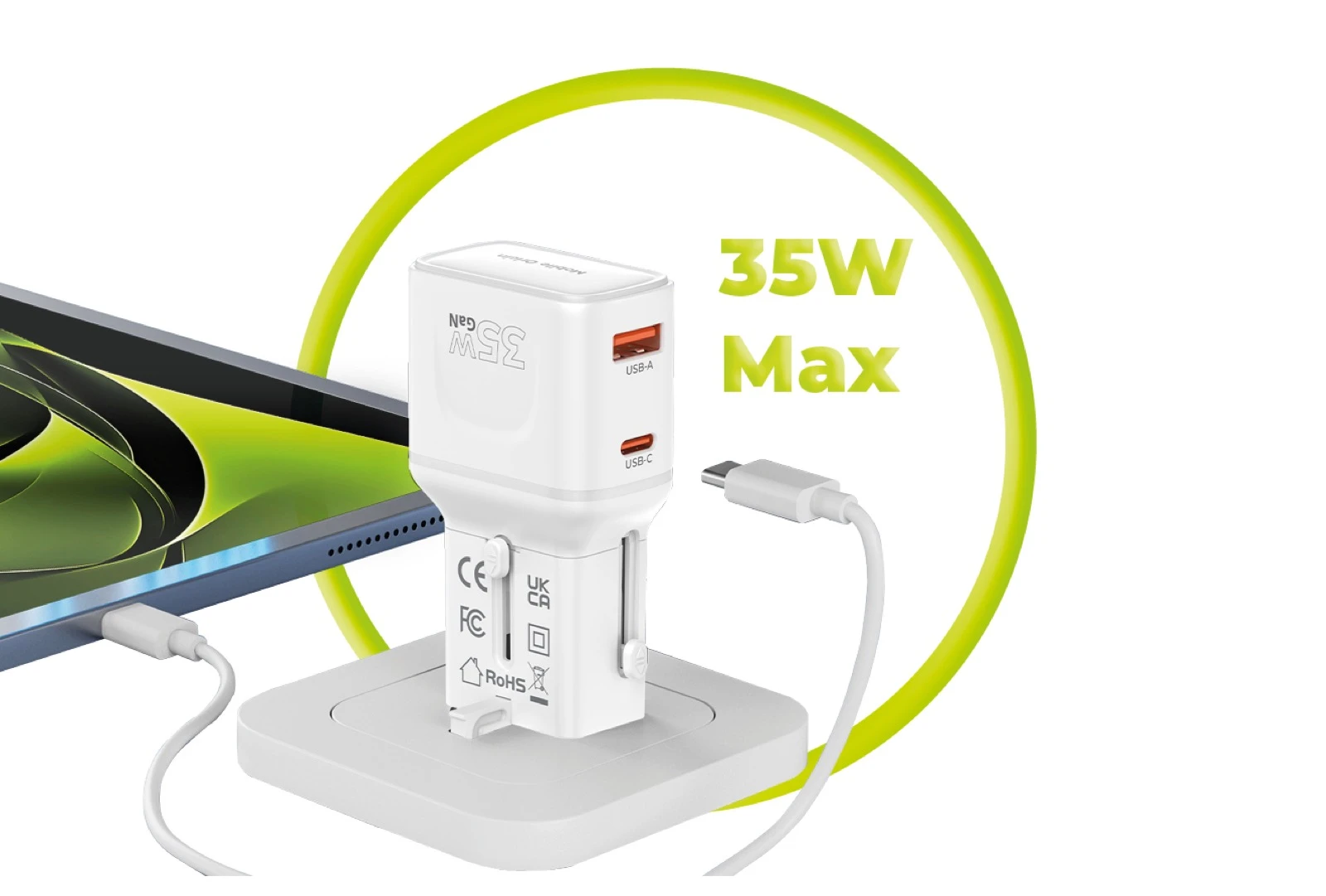 Įkroviklis Mobile Origin 35W Travel Adapteris, EU/US/UK/AU PW25, baltas aprašymas - Prekės nuotrauka