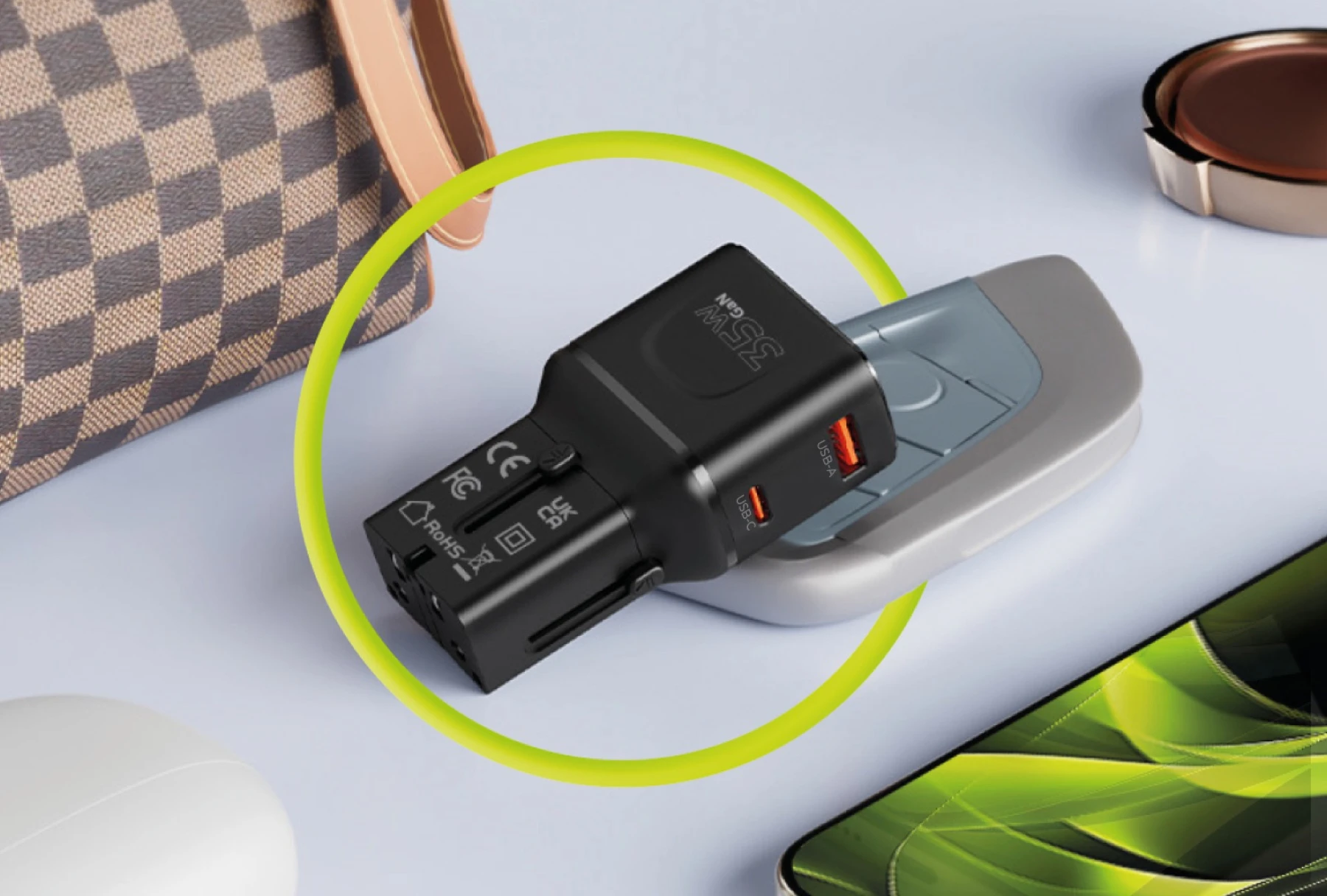 Įkroviklis Mobile Origin 35W Travel Adapteris, EU/US/UK/AU PW25, juodas aprašymas - Prekės nuotrauka