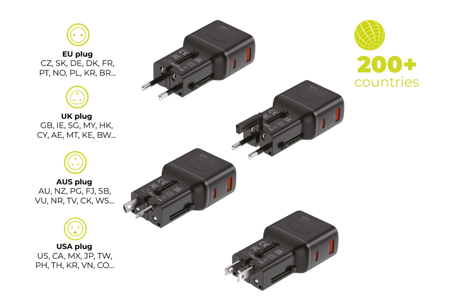 Įkroviklis Mobile Origin 35W Travel Adapteris, EU/US/UK/AU PW25, juodas aprašymas - Prekės nuotrauka