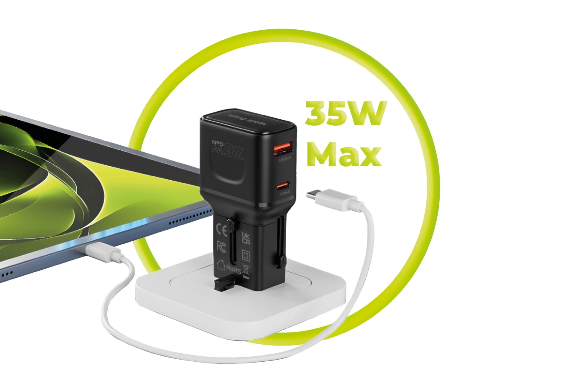 Įkroviklis Mobile Origin 35W Travel Adapteris, EU/US/UK/AU PW25, juodas aprašymas - Prekės nuotrauka