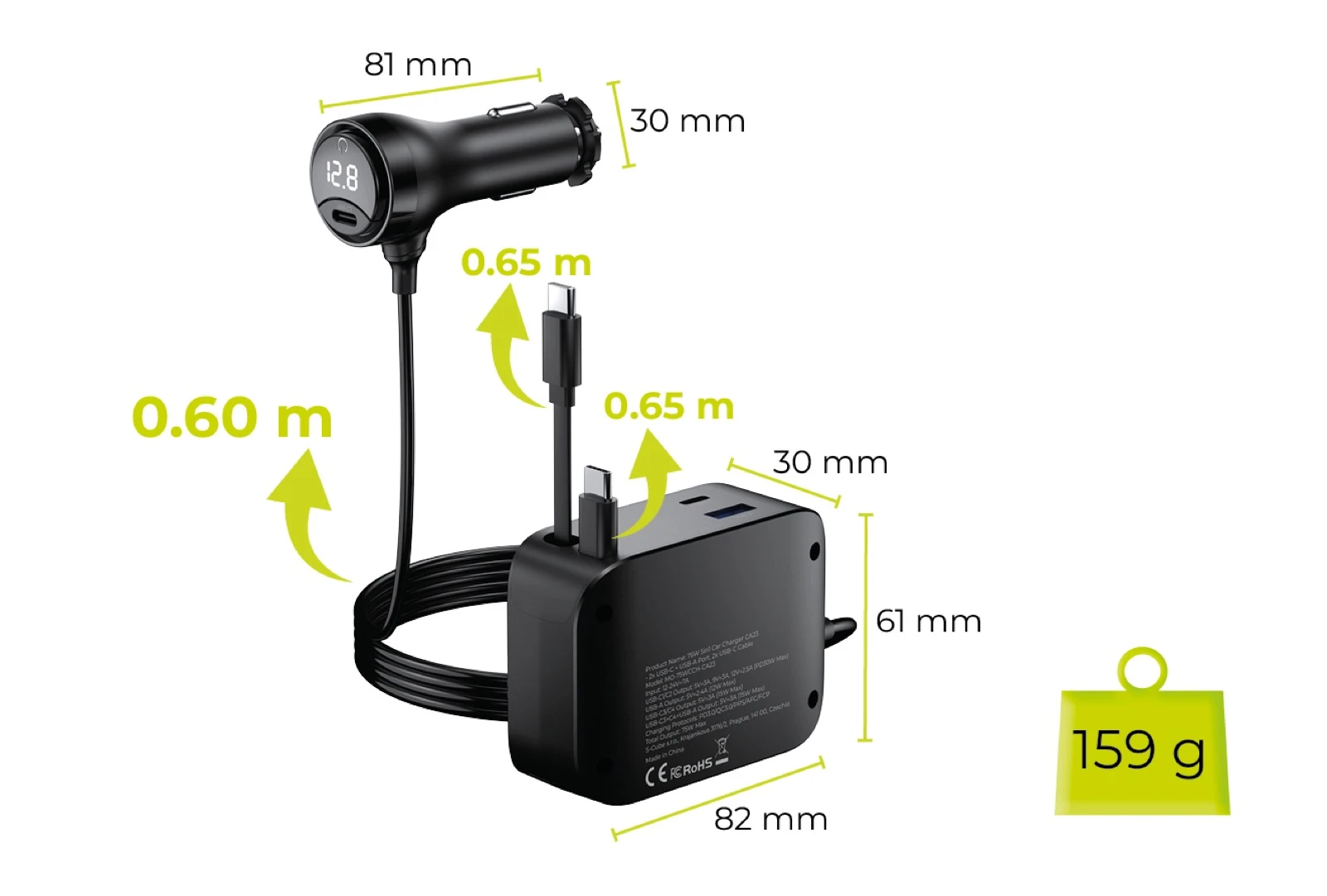 Įkroviklis Mobile Origin 75W 5in1 Car Charger CA23 - 2x USB-C + USB-A Port, 2x USB-C Cable aprašymas - Prekės nuotrauka