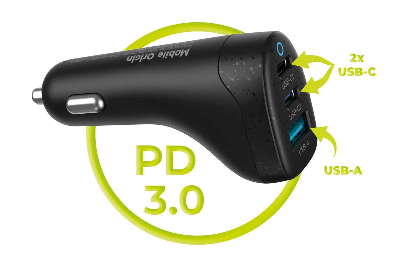 Mobile Origin 100 W automobilinis įkroviklis CA25 - 2x USB-C + USB-A aprašymas - Prekės nuotrauka