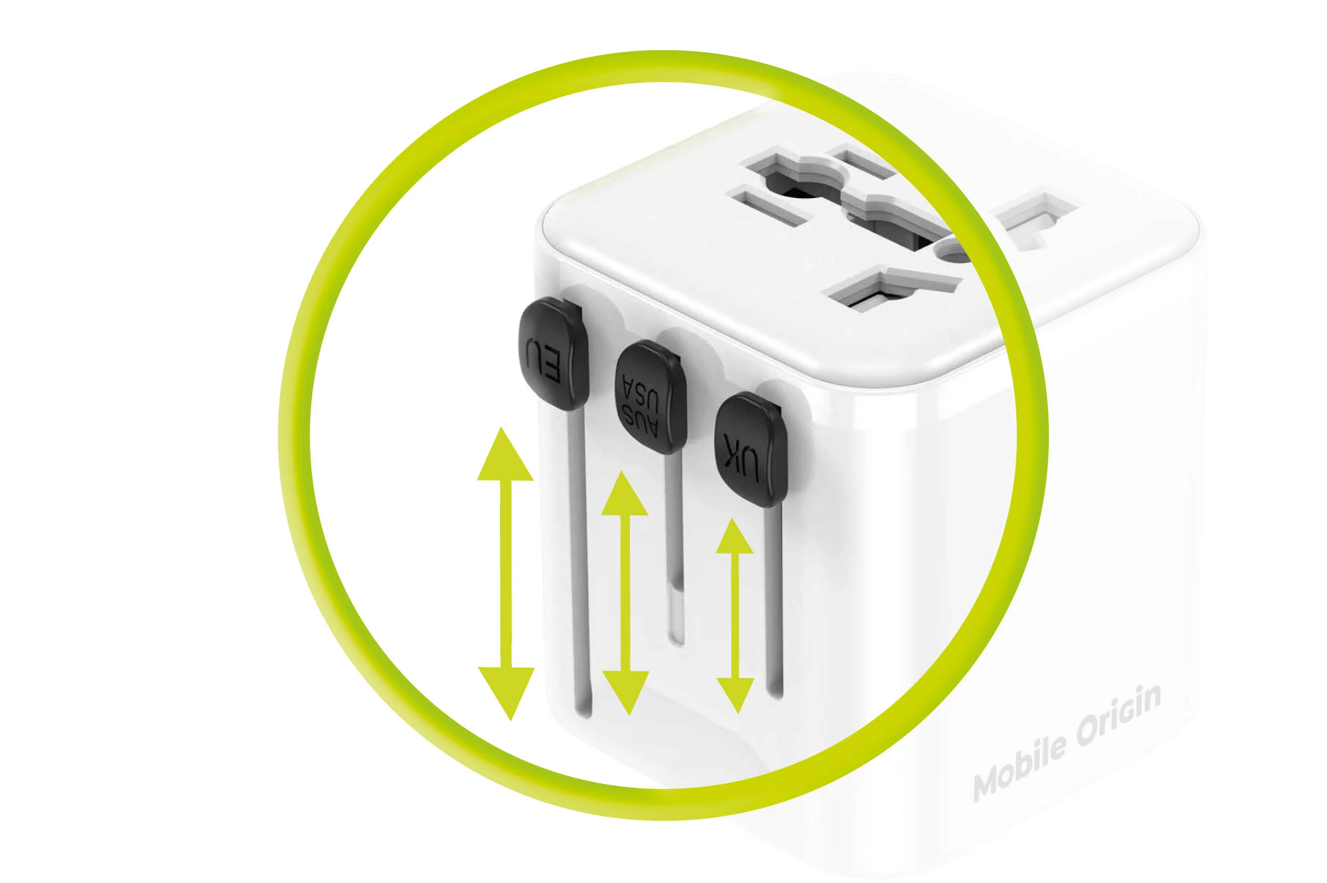 Mobile Origin Universalus kelioninis adapteris PW30 EU/UK/US/AUS, baltas aprašymas - Prekės nuotrauka
