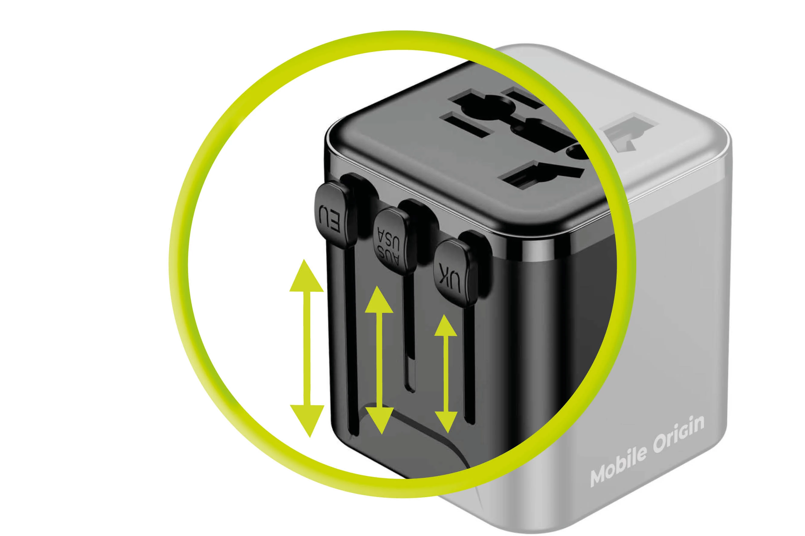 Mobile Origin Universalus kelioninis adapteris PW30 EU/UK/US/AUS juodas aprašymas - Prekės nuotrauka