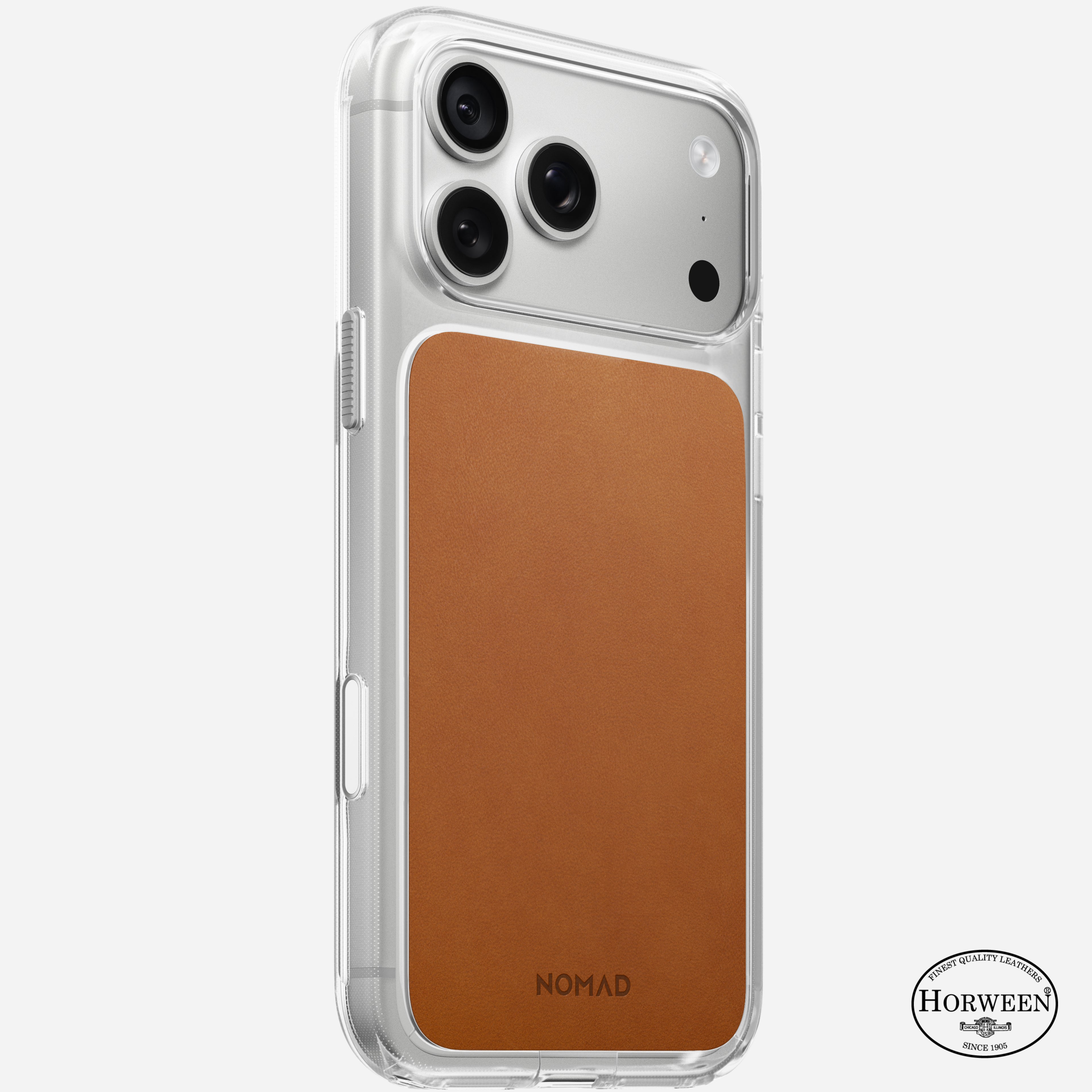Nomad skaidrus odinis dėklas, balno spalvos (Horween) - iPhone 18 Pro/17 Pro aprašymas - Prekės nuotrauka