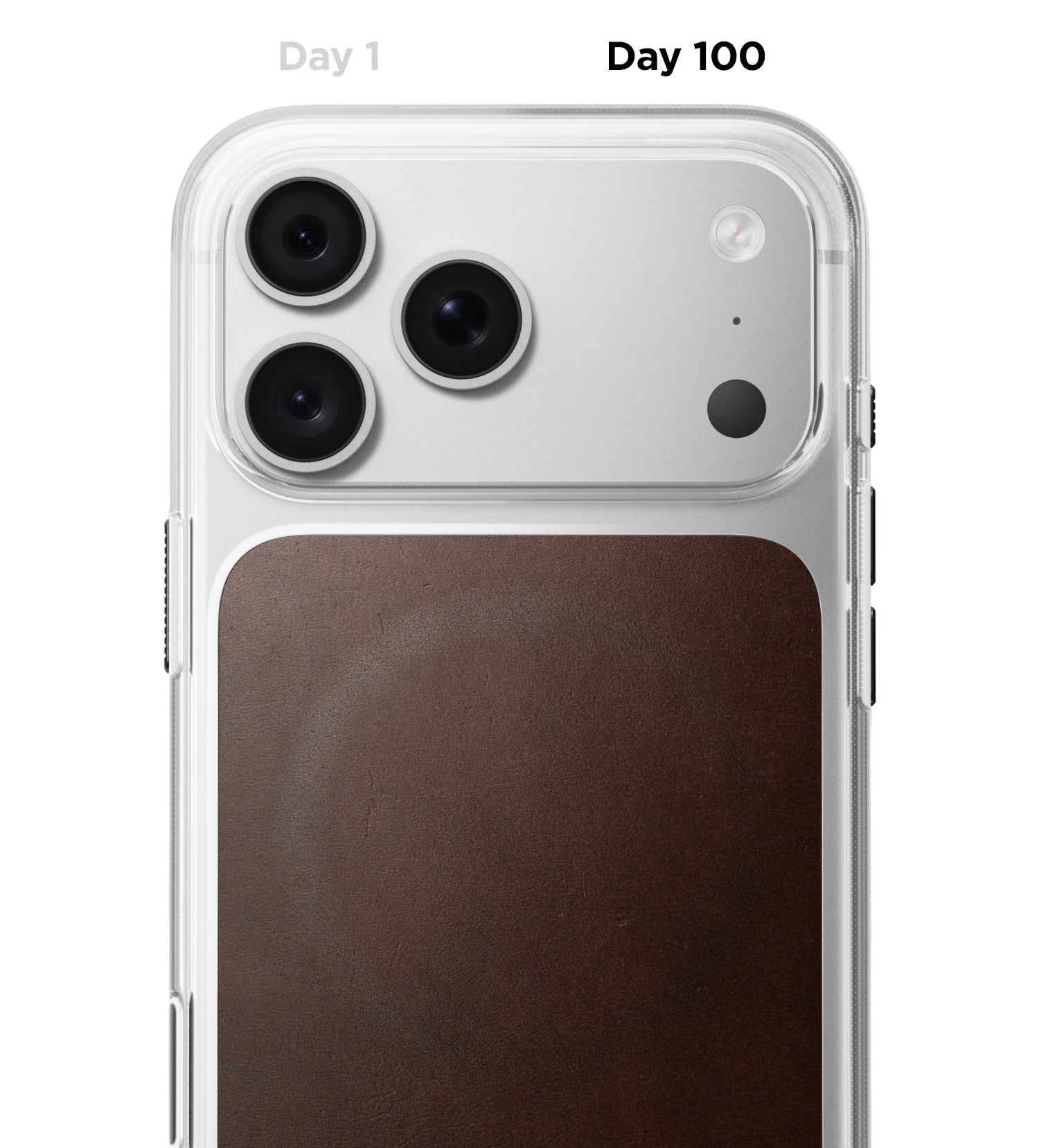 Nomad skaidrus odinis dėklas, sendinto rudumo (Horween) - iPhone 18 Pro Max/17 Pro Max aprašymas - Prekės nuotrauka