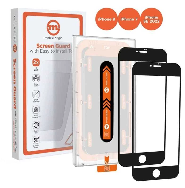 „Mobile Origin“ ekrano apsaugos iPhone 8 / 7 / SE 2022 / SE 2020 su lengvai aplikuojamais apsauginiais lipdukais, 2 vnt. pakuotėje.