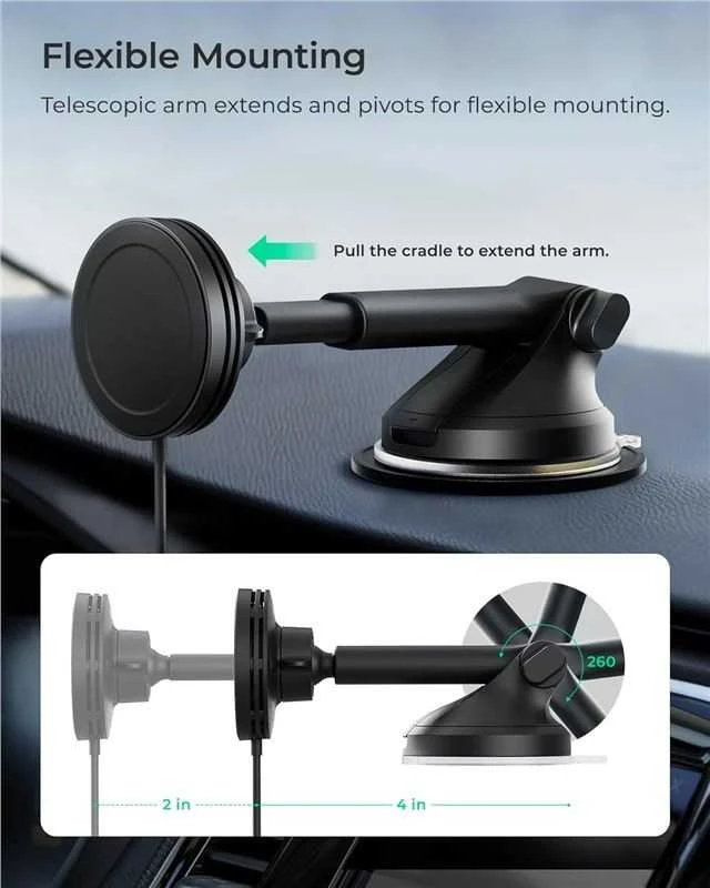 „iOttie Velox MagSafe Qi2“ belaidis laikiklis prie prietaisų skydelio ir priekinio stiklo